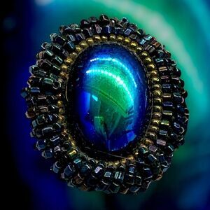 Vintage ab peacock blue glass hand beaded earrings pierced artist made